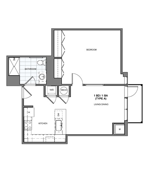 Floor plan for 1 bed, 1 bath, 755 sqft